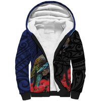 New Zealand Maori Hongi Culture Sherpa Hoodie Tui Bird Pohutukawa and Polynesian Pattern LT03 Unisex Blue - Polynesian Pride