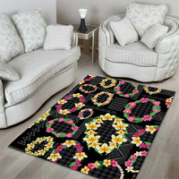 Hawaiian Kakau Tattoo Leis and Palaka Pattern Area Rug Traditional Aloha Tribal Black Color