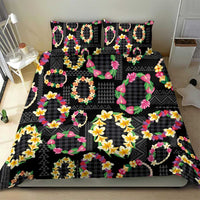 Hawaiian Kakau Tattoo Leis and Palaka Pattern Bedding Set Traditional Aloha Tribal Black Color