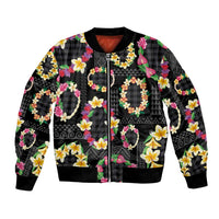 Hawaiian Kakau Tattoo Leis and Palaka Pattern Bomber Jacket Traditional Aloha Tribal Black Color