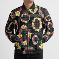 Hawaiian Kakau Tattoo Leis and Palaka Pattern Bomber Puffer Jacket Traditional Aloha Tribal Black Color