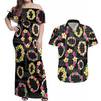 Hawaiian Kakau Tattoo Leis and Palaka Pattern Couples Matching Off Shoulder Maxi Dress and Hawaiian Shirt Traditional Aloha Tribal Black Color LT03 Black - Polynesian Pride