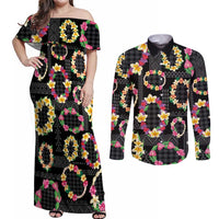 Hawaiian Kakau Tattoo Leis and Palaka Pattern Couples Matching Off Shoulder Maxi Dress and Long Sleeve Button Shirt Traditional Aloha Tribal Black Color LT03 Black - Polynesian Pride