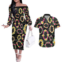 Hawaiian Kakau Tattoo Leis and Palaka Pattern Couples Matching Off The Shoulder Long Sleeve Dress and Hawaiian Shirt Traditional Aloha Tribal Black Color LT03 Black - Polynesian Pride