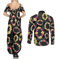 Hawaiian Kakau Tattoo Leis and Palaka Pattern Couples Matching Summer Maxi Dress and Long Sleeve Button Shirt Traditional Aloha Tribal Black Color LT03 - Polynesian Pride