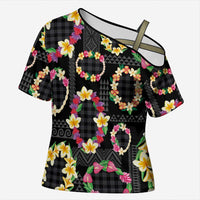 Hawaiian Kakau Tattoo Leis and Palaka Pattern Cross Shoulder Shirt Traditional Aloha Tribal Black Color LT03 Female Black - Polynesian Pride