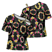 Hawaiian Kakau Tattoo Leis and Palaka Pattern Cross Shoulder Shirt Traditional Aloha Tribal Black Color LT03 - Polynesian Pride