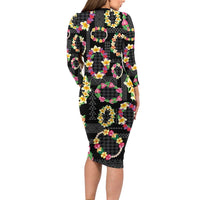 Hawaiian Kakau Tattoo Leis and Palaka Pattern Family Matching Long Sleeve Bodycon Dress and Hawaiian Shirt Traditional Aloha Tribal Black Color LT03 - Polynesian Pride