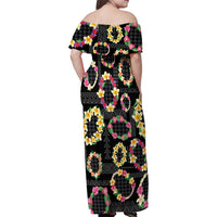 Hawaiian Kakau Tattoo Leis and Palaka Pattern Family Matching Off Shoulder Maxi Dress and Hawaiian Shirt Traditional Aloha Tribal Black Color LT03 - Polynesian Pride