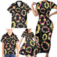 Hawaiian Kakau Tattoo Leis and Palaka Pattern Family Matching Short Sleeve Bodycon Dress and Hawaiian Shirt Traditional Aloha Tribal Black Color LT03 - Polynesian Pride