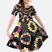 Hawaiian Kakau Tattoo Leis and Palaka Pattern Family Matching Summer Maxi Dress and Hawaiian Shirt Traditional Aloha Tribal Black Color LT03 Daughter's Dress Black - Polynesian Pride
