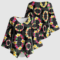 Hawaiian Kakau Tattoo Leis and Palaka Pattern Kimono Sleeve Blouse Traditional Aloha Tribal Black Color