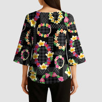 Hawaiian Kakau Tattoo Leis and Palaka Pattern Kimono Sleeve Blouse Traditional Aloha Tribal Black Color