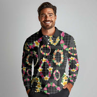 Hawaiian Kakau Tattoo Leis and Palaka Pattern Long Sleeve Polo Shirt Traditional Aloha Tribal Black Color