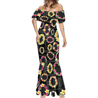 Hawaiian Kakau Tattoo Leis and Palaka Pattern Mermaid Dress Traditional Aloha Tribal Black Color