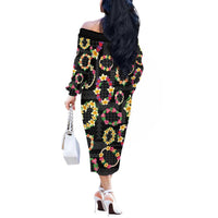 Hawaiian Kakau Tattoo Leis and Palaka Pattern Off The Shoulder Long Sleeve Dress Traditional Aloha Tribal Black Color LT03 - Polynesian Pride