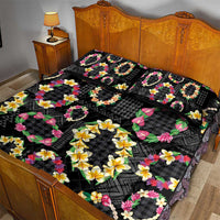 Hawaiian Kakau Tattoo Leis and Palaka Pattern Quilt Bed Set Traditional Aloha Tribal Black Color