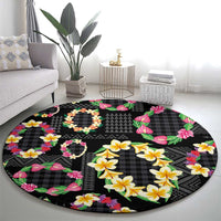 Hawaiian Kakau Tattoo Leis and Palaka Pattern Round Carpet Traditional Aloha Tribal Black Color