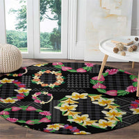Hawaiian Kakau Tattoo Leis and Palaka Pattern Round Carpet Traditional Aloha Tribal Black Color