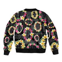 Hawaiian Kakau Tattoo Leis and Palaka Pattern Sleeve Zip Bomber Jacket Traditional Aloha Tribal Black Color