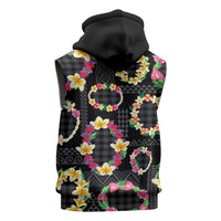 Hawaiian Kakau Tattoo Leis and Palaka Pattern Sleeveless Hoodie Traditional Aloha Tribal Black Color