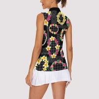 Hawaiian Kakau Tattoo Leis and Palaka Pattern Women Sleeveless Polo Shirt Traditional Aloha Tribal Black Color