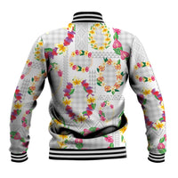 Hawaiian Kakau Tattoo Leis and Palaka Pattern Baseball Jacket Traditional Aloha Tribal White Color