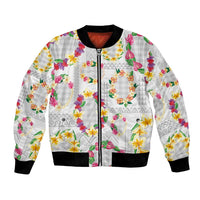 Hawaiian Kakau Tattoo Leis and Palaka Pattern Bomber Jacket Traditional Aloha Tribal White Color