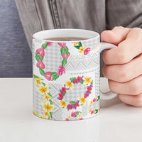 Hawaiian Kakau Tattoo Leis and Palaka Pattern Ceramic Mug Traditional Aloha Tribal White Color