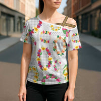 Hawaiian Kakau Tattoo Leis and Palaka Pattern Cross Shoulder Shirt Traditional Aloha Tribal White Color