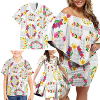 Hawaiian Kakau Tattoo Leis and Palaka Pattern Family Matching Off Shoulder Short Dress and Hawaiian Shirt Traditional Aloha Tribal White Color LT03 - Polynesian Pride