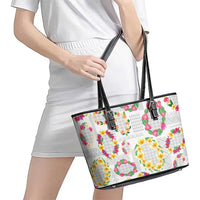 Hawaiian Kakau Tattoo Leis and Palaka Pattern Leather Tote Bag Traditional Aloha Tribal White Color