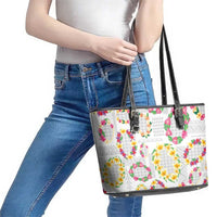 Hawaiian Kakau Tattoo Leis and Palaka Pattern Leather Tote Bag Traditional Aloha Tribal White Color