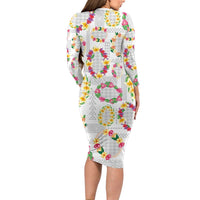 Hawaiian Kakau Tattoo Leis and Palaka Pattern Long Sleeve Bodycon Dress Traditional Aloha Tribal White Color