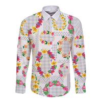 Hawaiian Kakau Tattoo Leis and Palaka Pattern Long Sleeve Button Shirt Traditional Aloha Tribal White Color