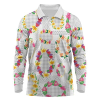 Hawaiian Kakau Tattoo Leis and Palaka Pattern Long Sleeve Polo Shirt Traditional Aloha Tribal White Color