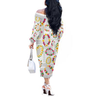 Hawaiian Kakau Tattoo Leis and Palaka Pattern Off The Shoulder Long Sleeve Dress Traditional Aloha Tribal White Color