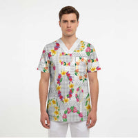 Hawaiian Kakau Tattoo Leis and Palaka Pattern Scrub Top Traditional Aloha Tribal White Color
