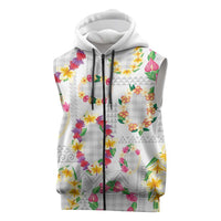 Hawaiian Kakau Tattoo Leis and Palaka Pattern Sleeveless Zip Hoodie Traditional Aloha Tribal White Color