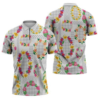 Hawaiian Kakau Tattoo Leis and Palaka Pattern Zipper Polo Shirt Traditional Aloha Tribal White Color