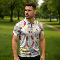 Hawaiian Kakau Tattoo Leis and Palaka Pattern Zipper Polo Shirt Traditional Aloha Tribal White Color