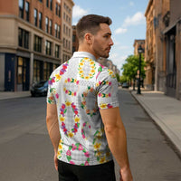 Hawaiian Kakau Tattoo Leis and Palaka Pattern Zipper Polo Shirt Traditional Aloha Tribal White Color