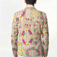 Hawaiian Kakau Tattoo Leis and Palaka Pattern Blazer Traditional Aloha Tribal Beige Color
