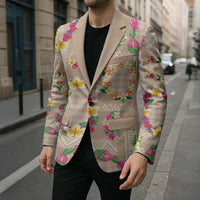 Hawaiian Kakau Tattoo Leis and Palaka Pattern Blazer Traditional Aloha Tribal Beige Color