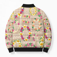 Hawaiian Kakau Tattoo Leis and Palaka Pattern Bomber Puffer Jacket Traditional Aloha Tribal Beige Color
