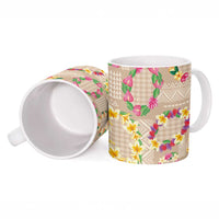 Hawaiian Kakau Tattoo Leis and Palaka Pattern Ceramic Mug Traditional Aloha Tribal Beige Color