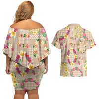 Hawaiian Kakau Tattoo Leis and Palaka Pattern Couples Matching Off Shoulder Short Dress and Hawaiian Shirt Traditional Aloha Tribal Beige Color LT03 - Polynesian Pride