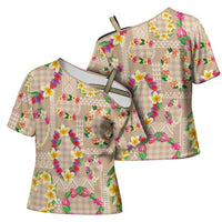 Hawaiian Kakau Tattoo Leis and Palaka Pattern Cross Shoulder Shirt Traditional Aloha Tribal Beige Color