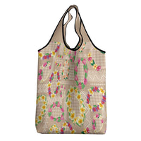 Hawaiian Kakau Tattoo Leis and Palaka Pattern Grocery Bag Traditional Aloha Tribal Beige Color