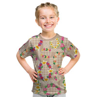 Hawaiian Kakau Tattoo Leis and Palaka Pattern Kid T Shirt Traditional Aloha Tribal Beige Color